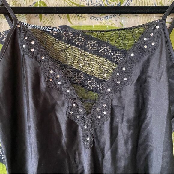 Vintage Y2K Black Silk Bedazzled Fringe Slip Dress Size Extra Small - Picture 5 of 15